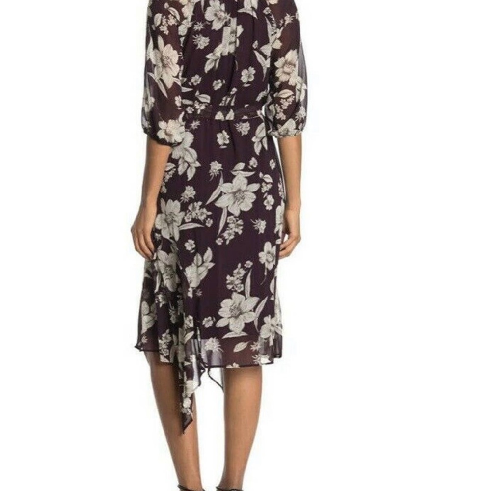 size 22W Gabby Skye Chiffon Wrap Plum Taupe Floral Puff Sleeve Midi Dress - Picture 8 of 10